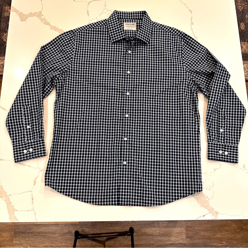 Haggar Premium Cotton Classic Fit Dress Shirt Men 16-16.5 32/33 Blue Check Plaid